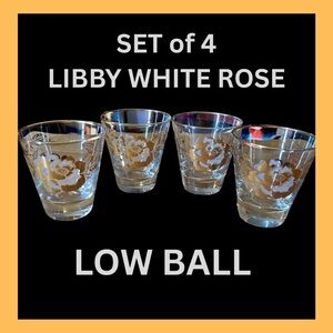 Set of 4 Mid-century Libby White Rose Low Ball Glasses.